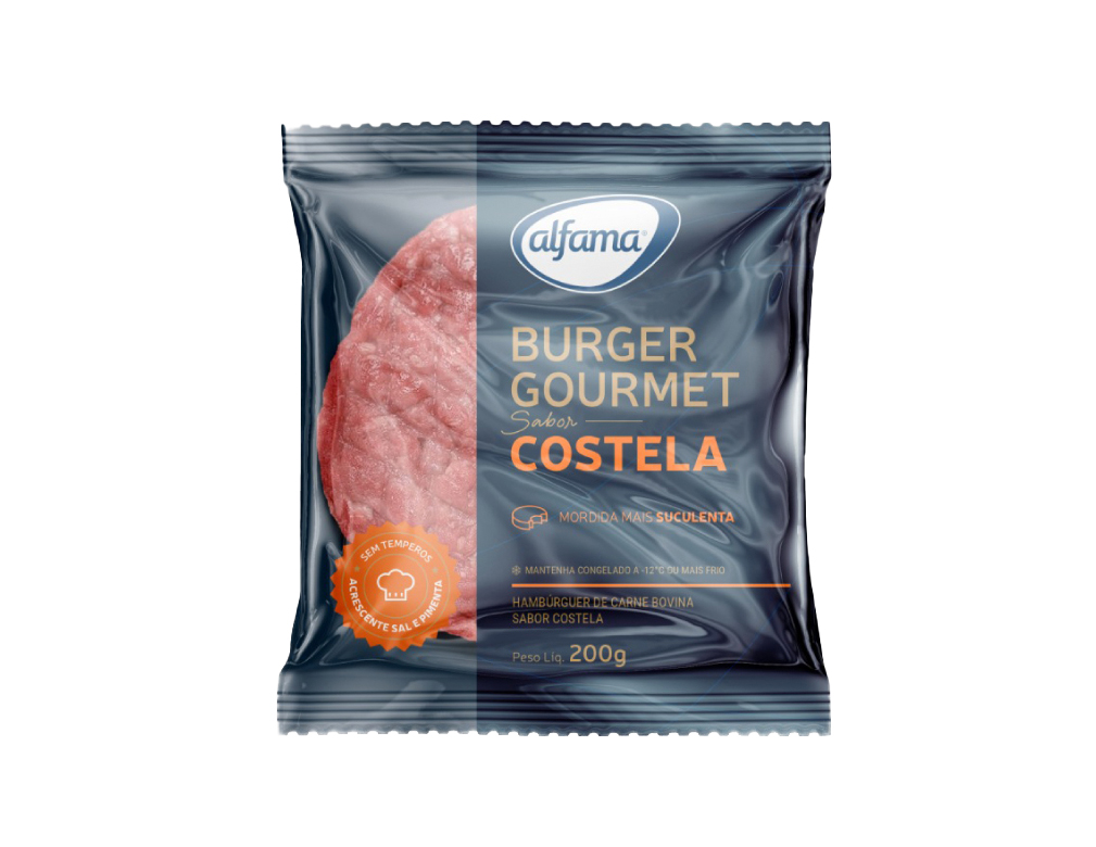 HAMBÚRGUER GRANDE DE CARNE BOVINA COSTELA ALFAMA 200 G (CX 24 UN)